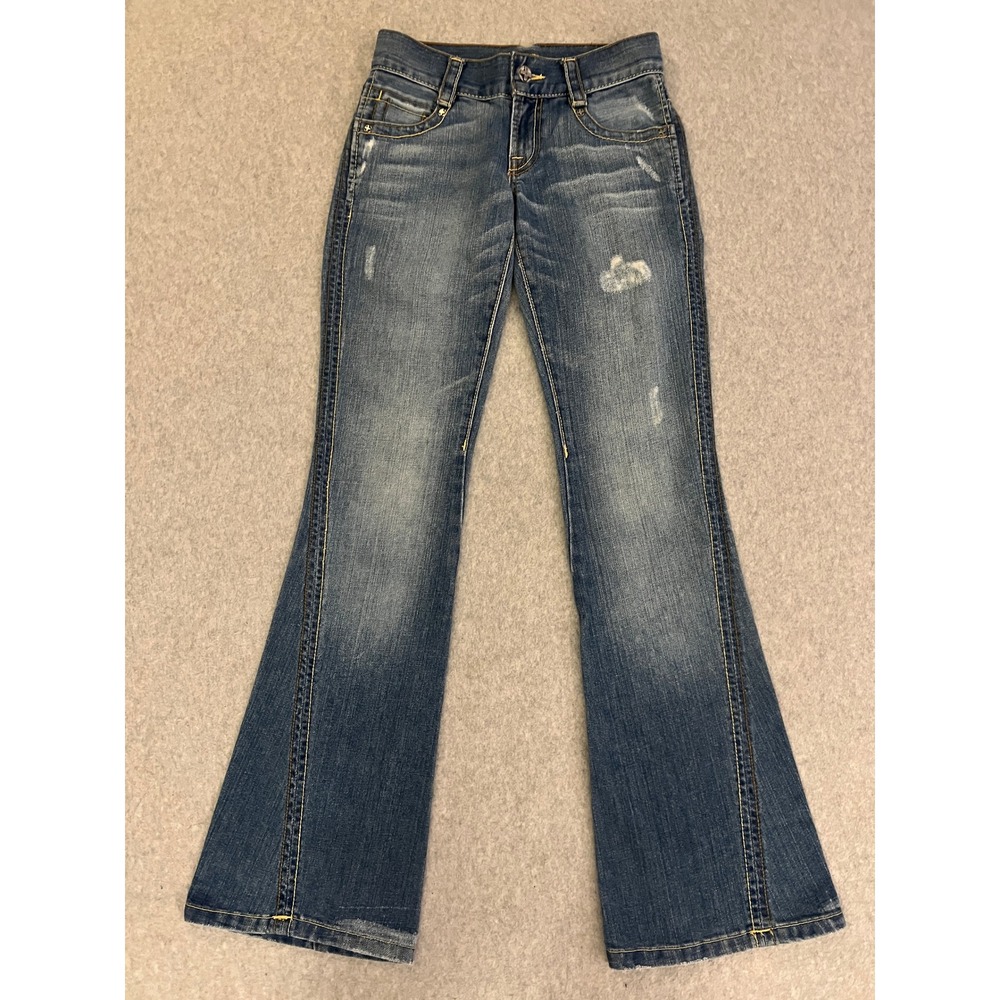 Tag+ Jeans Women Size 25 Flared Distressed Mid Rise Medium Wash Faded Denim Blue